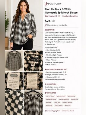 Mud Pie Black and White Geometric Print Top